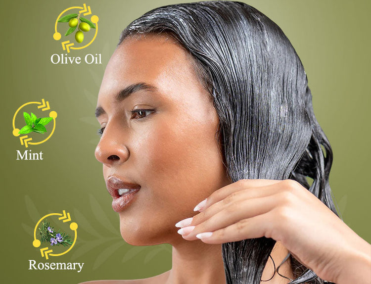 girl conditioning her hair with images of olives, mint and rosemary on the left hand side of her
