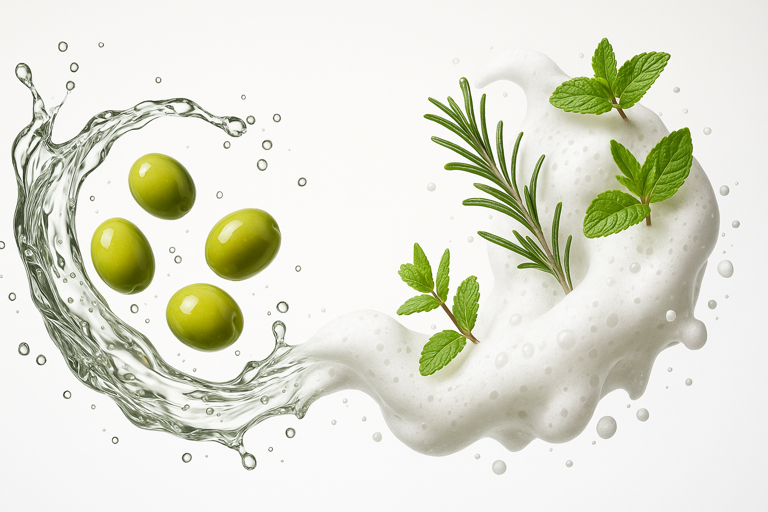 make a splash form of the transparent serum and another wave of bubbly light weighted white coloured mousse. add mint and rosemary in the swirl in the mousse wave and add plump olives in the serum wave
